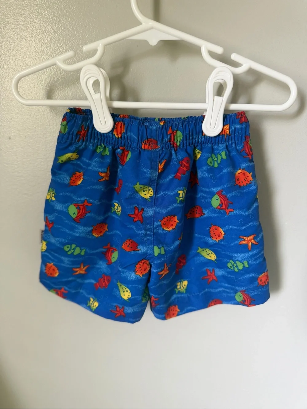 OshKosh Boys Fish Print Swim Trunks Drawstring Lined Elastic Waist Blue 6-9M